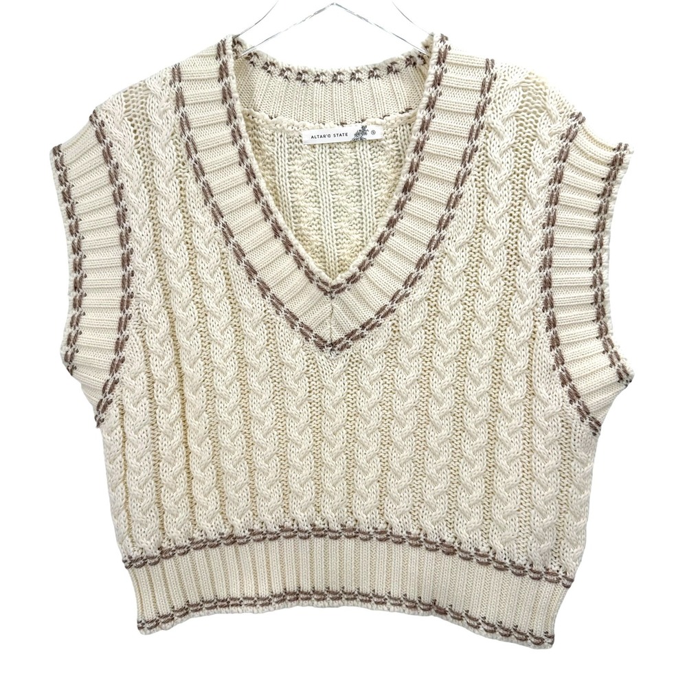 Altar'd State Sweater Vest Size S Cable Knit Oversized Cream Preppy Academia